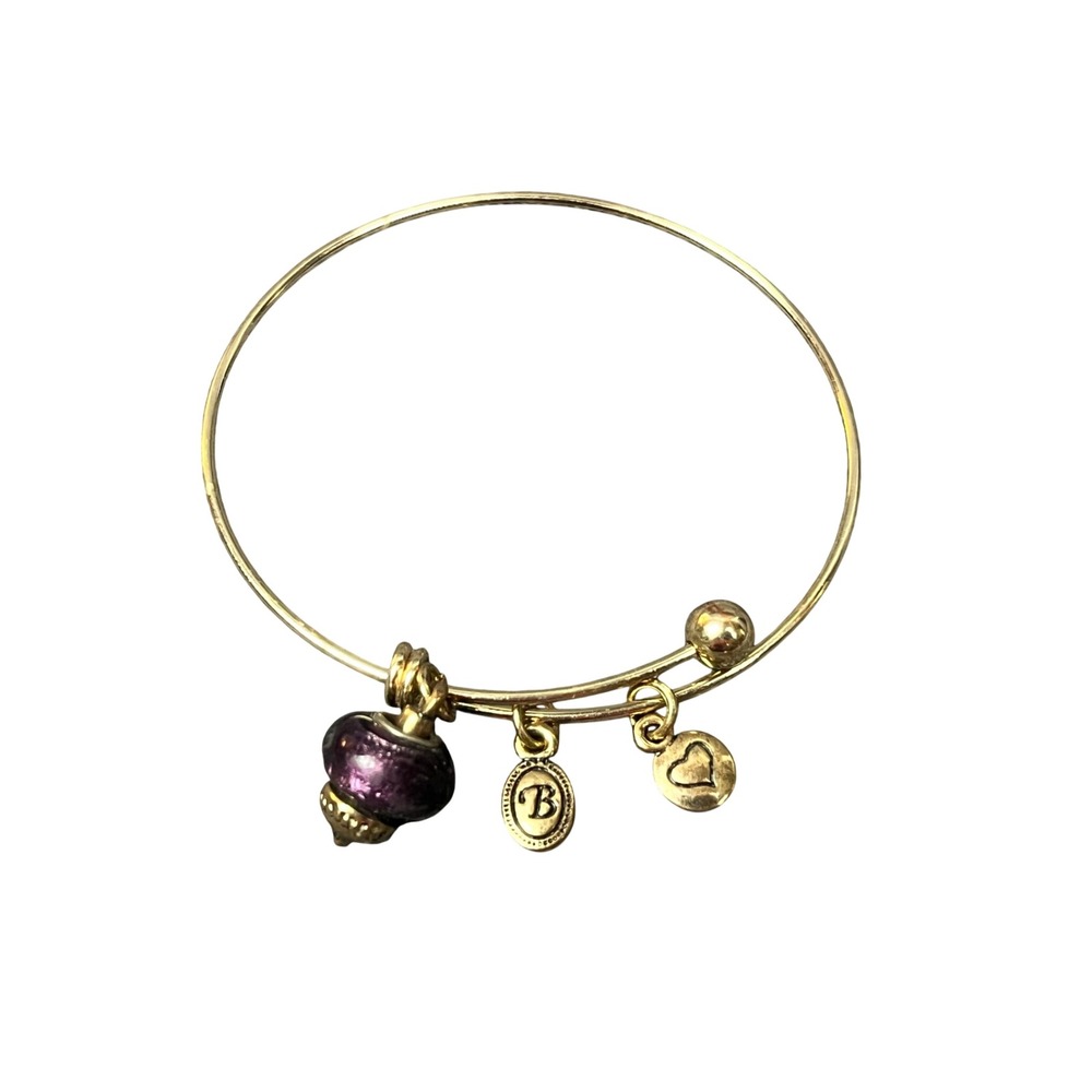Brighton Gold Tone Adjustable Bangle Purple Bead Heart B Logo Charm Bracelet VTG